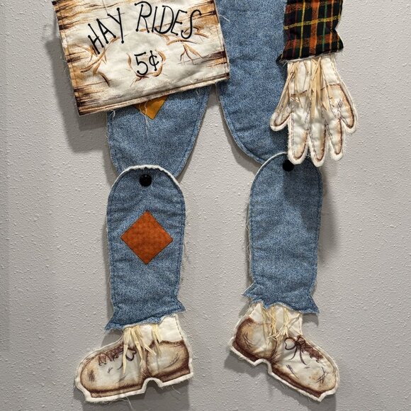 Handmade Vintage 48" Scarecrow Wall Decor Fabric Plaid Denim Articulated Hayride - Picture 6 of 13